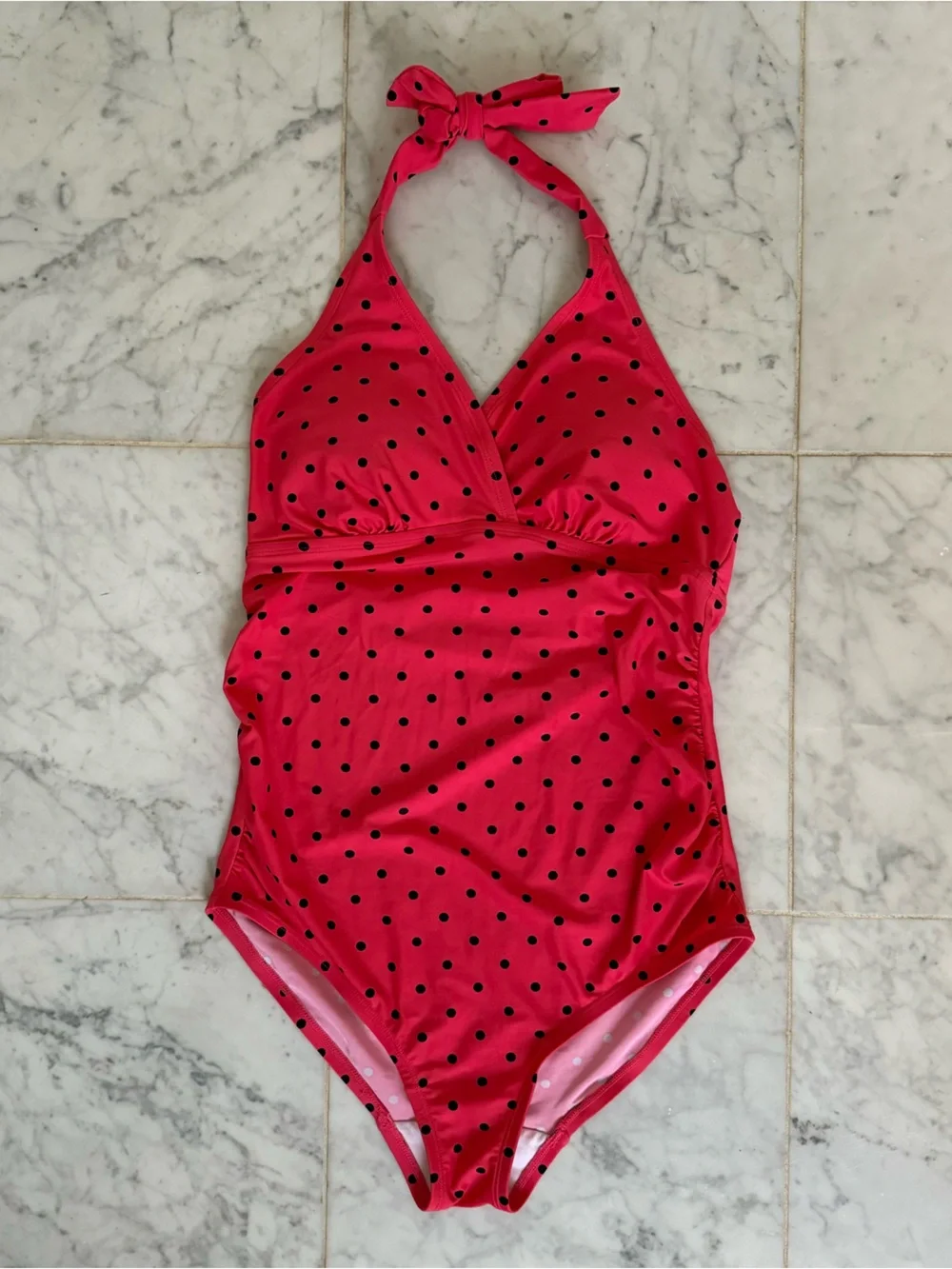 Hot Pink Polka Dot Maternity Swimsuit Beach Bump One Piece Halter Bathing Suit S